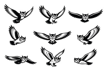 Obraz premium Flying owl vector illustrations with spread wings showcasing various dynamic poses of predatory birds designed in a bold black and white graphic style for mascot logos