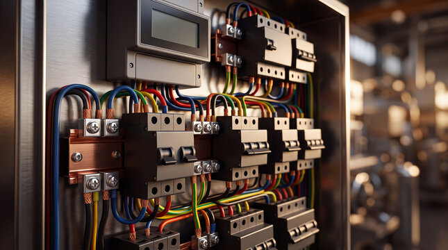 Close-up of wiring inside a modern industrial electrical control panel and circuit breakers