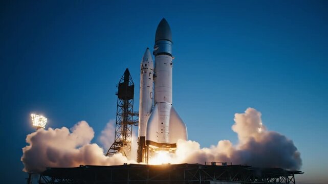 Rocket Launching into the Night Sky with Dramatic Smoke and Lights.