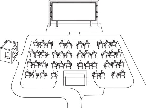 Outdoor cinema layout with audience seating and large screen in a simple black and white vector