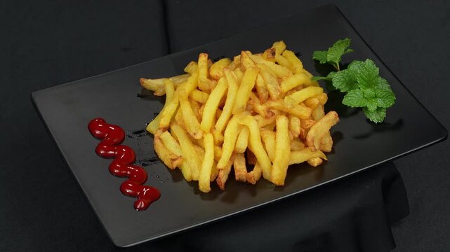 Crispy french fries combo with ketchup and mint on black plate rotating.