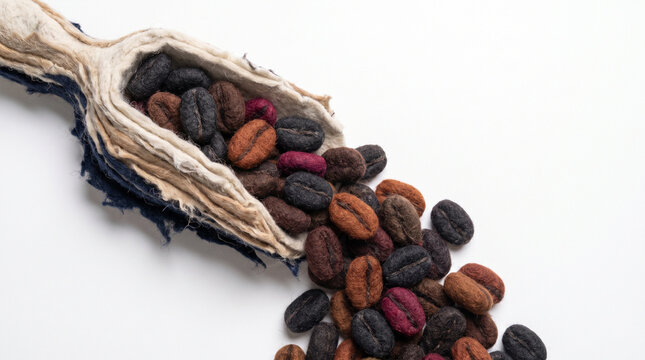 Coffee beans spilling from a fabric pouch on a white background  