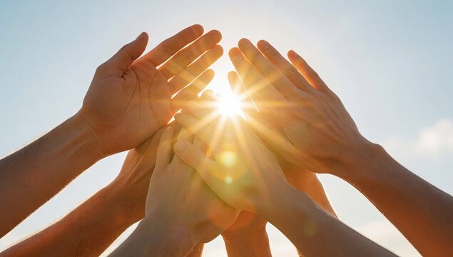 Multiple hands stacking together against bright sun flare in blue sky, unity teamwork and collaboration concept