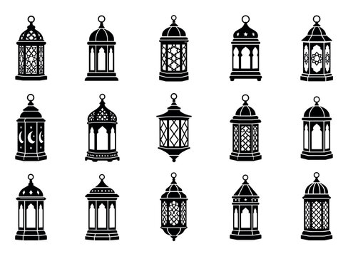 Arabic lantern silhouette icons set for Ramadan celebration featuring various traditional Islamic fanous designs with geometric patterns, stars, and crescent moons