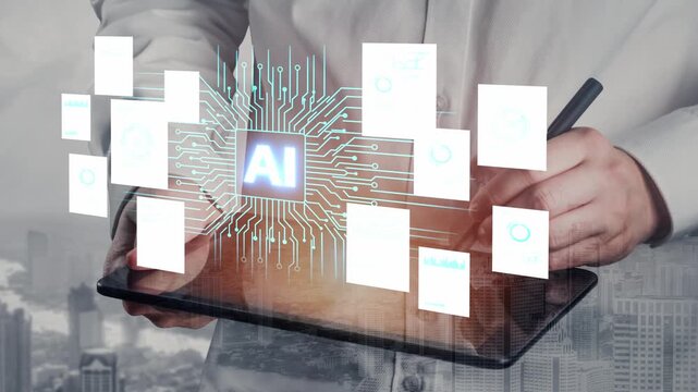 Futuristic Representation of Artificial Intelligence Integration on a Tablet Amidst Urban Cityscape with Data Flow and Visual Elements. Entropy.