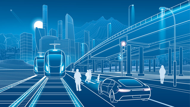 Futuristic smart city with modern trains, electric car, pedestrians and elevated highway infrastructure. Blue technology illustration of urban mobility, public transportation