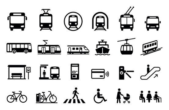 Public transport icons set for transit navigation including symbols for bus, train, metro, tram, ship, bicycle, escalator, wheelchair accessibility, and passenger services