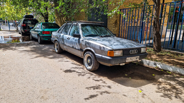Classic Audi 80 B2 vintage car with a roof rack parked on a street in Astana; a German automotive classic from the 1980s (produced 1978&ndash;1986), Kazakhstan 01.08.2025