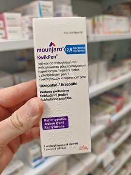 Prague,Czech Republic-20 July 2025:MOUNJARO, active substance TIRZEPATIDE, producer ELI LILLY, use diabetes and weight control