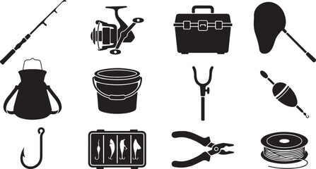Fishing Accessories and Equipment Silhouette Icon Set © MARISH
