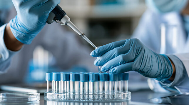 Faceless scientist using micropipette to transfer liquid into test tube in laboratory, defocused precision liquid handling, sample preparation technique, laboratory methodology,