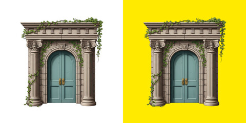 Obraz premium Ancient Stone Roman Portal with Teal Doors and Lush Ivy Vines png