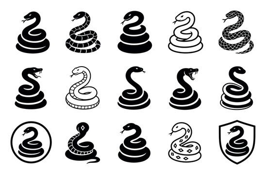 Black and white snake vector icon set featuring various coiled serpent designs, cobra silhouettes, and minimalist reptile symbols for graphic design and branding