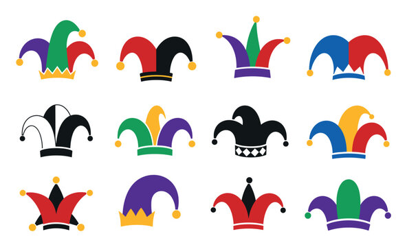 Colorful jester hats and fool caps set of various shapes and colors for carnival, mardi gras, festival, and comedy performance illustrations