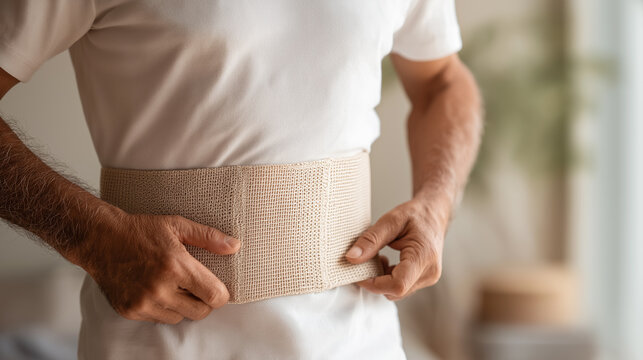Orthopedic back brace, Man adjusting a medical compression bandage or back brace for spine support and pain relief at home, generative ai