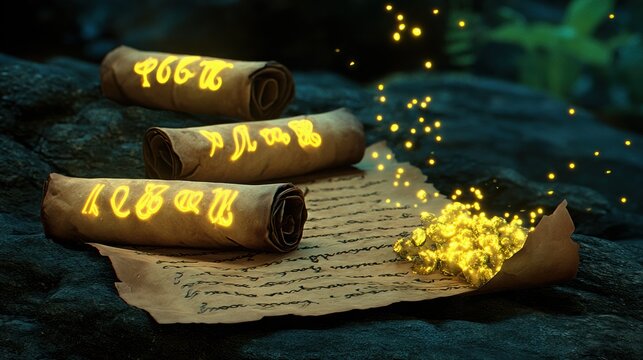 Ancient scrolls with glowing symbols rest on a textured surface, surrounded by magical particles, evoking themes of mysticism, metaphysics, and esotericism in a captivating scene