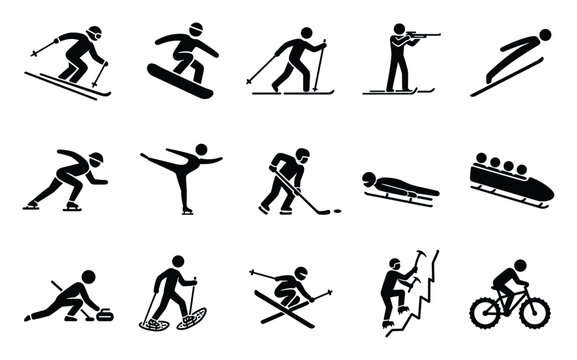Winter sports stick figure vector icons set representing various outdoor activities including skiing, snowboarding, ice hockey, figure skating, curling, and bobsledding