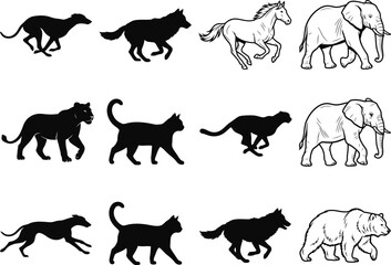 Obraz premium Collection of various wild and domestic animals depicted in a detailed black and white graphic style silhouette