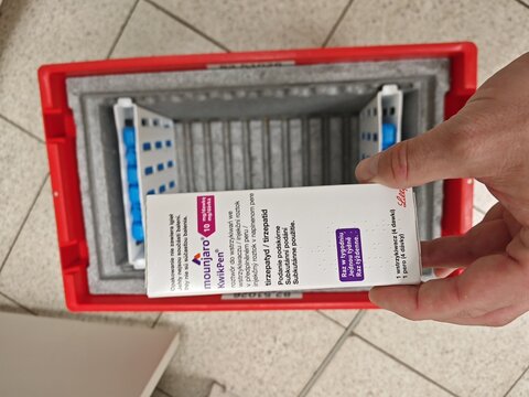 Prague,Czech Republic-8 August 2026:MOUNJARO, active substance TIRZEPATIDE, producer ELI LILLY, use diabetes and weight control, close-up cold chain
