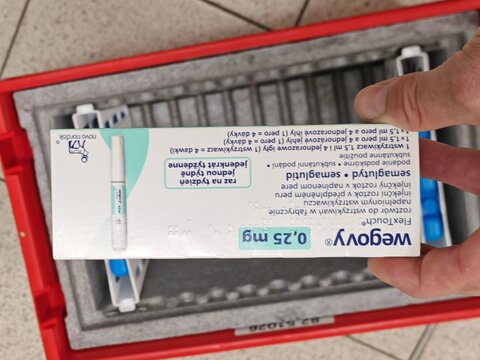 Prague,Czech Republic-8 August 2026:WEGOVY, active substance SEMAGLUTIDE, producer NOVO NORDISK, indication weight management, angled view