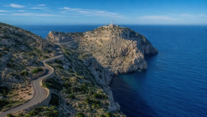 Fototapeta premium Cap de Formentor auf Mallorca mit Leuchtturm – Spektakuläre Serpentinenstraße führt durch die felsige Küstenlandschaft zum markanten Leuchtturm über dem tiefblauen Mittelmeer.