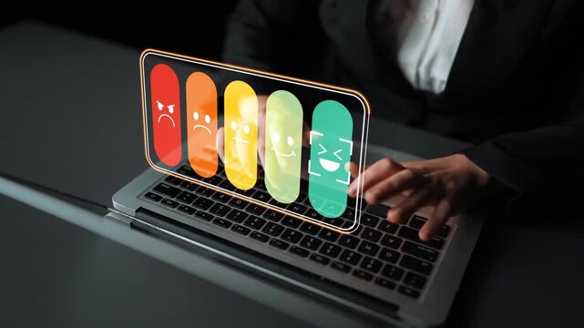 Digital devices capture emotional feedback with colorful smiley faces on smartphone screen while person interacts with laptop at workspace Gluon.