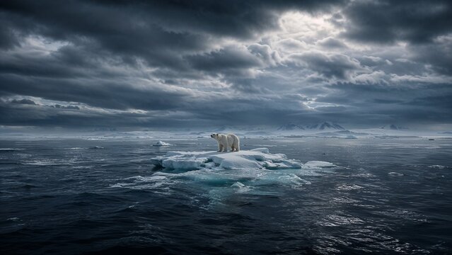 Polar bear standing on an iceberg in a gloomy arctic seascape  