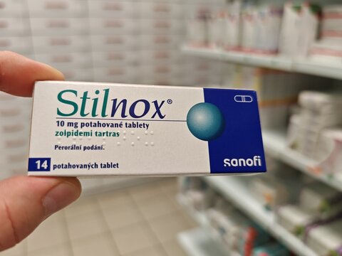 Prague,Czech Republic-24 October 2025:STILNOX, active substance ZOLPIDEM, producer SANOFI, indication insomnia, upper view