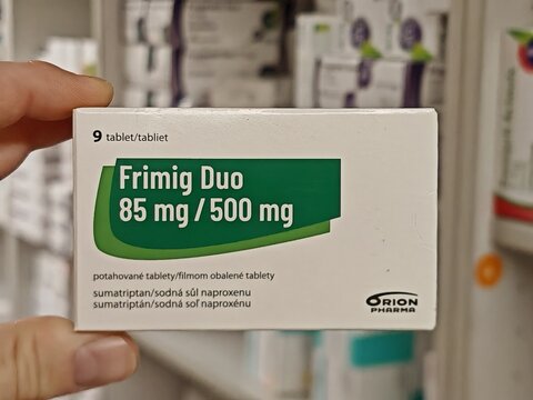 Prague,Czech Republic-8 December 2025:FRIMIG DUO, active substances SUMATRIPTAN and NAPROXEN SODIUM, producer ORION, indication migraine