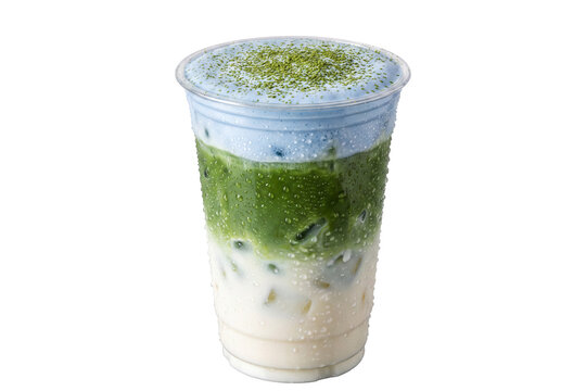 Iced layered blue cloud matcha latte drink in a plastic cup
