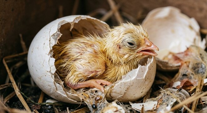 Newly hatched chick emerging from egg in a nest with straw  