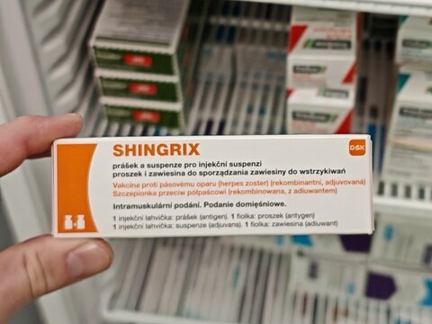 Prague,Czech Republic-21 March 2026:SHINGRIX, active substance RECOMBINANT ZOSTER GLYCOPROTEIN E, producer GSK, use shingles prevention, shelf view