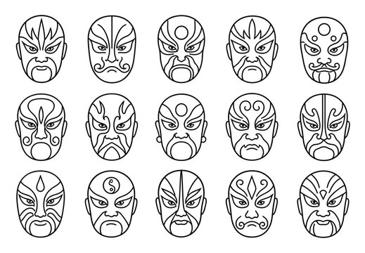 Chinese opera mask line art vector icons representing traditional theatrical makeup characters with dramatic expressions and cultural designs