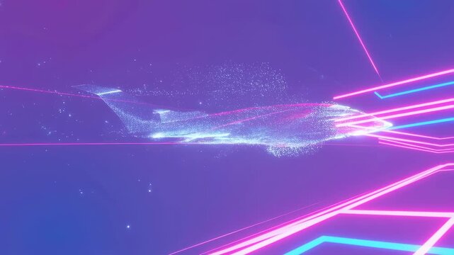 Digital airplane shape forms and disperses from particles amid glowing neon geometric lines on a purple background. Abstract animation features flowing particles and luminous energy.