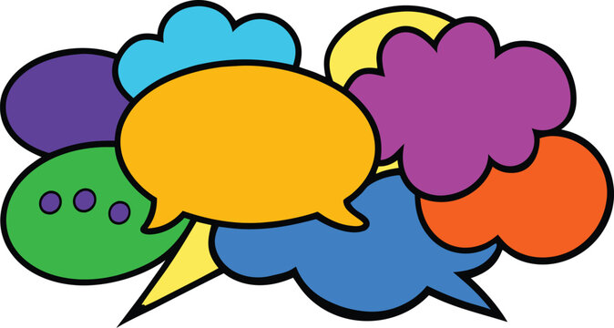 Hand Drawn Colorful Speech Bubble Set &ndash; Doodle Comic Chat Icons Vector Collection, Cartoon Message Boxes, Sticker Style UI Elements