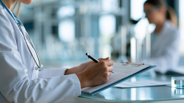 Female faceless scientist in white lab coat writing on clipboard in modern laboratory, defocused documentation process, research notation activity, scientific record-keeping, with