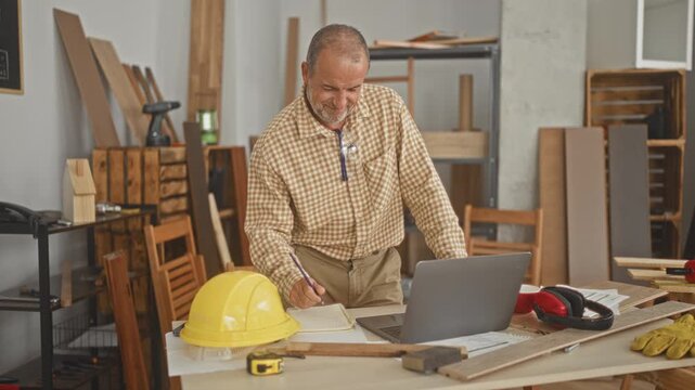 Man carpenter leaning over table writing in notebook beside laptop and yellow hardhat in studio; focused planning.
