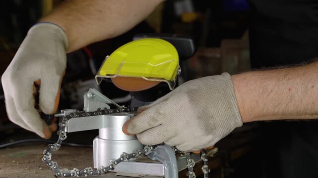 Hands adjusting chain on a chain sharpening tool with a yellow guard, showcasing the precise alignment of the chain and tool in a well-lit workshop environment filled with tools and equipment