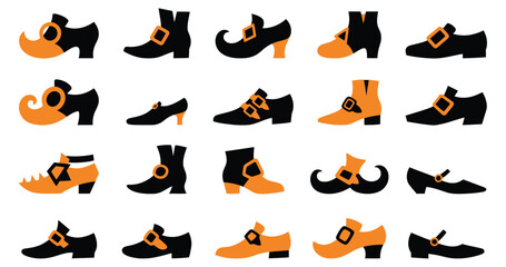 Obraz premium A collection of various vintage style witch shoes and boots isolated on white background for your halloween design projects