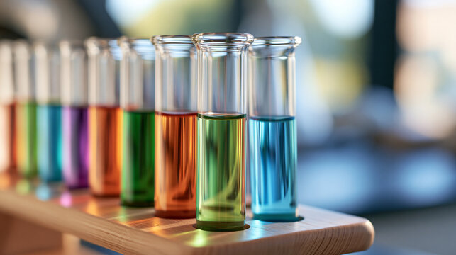 Row of glass test tubes filled with vibrant colorful liquids arranged in wooden rack for scientific research and chemical analysis in laboratory setting, defocused systematic