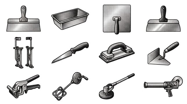 Set of specialized drywall installation tools featuring halftone texture design elements.