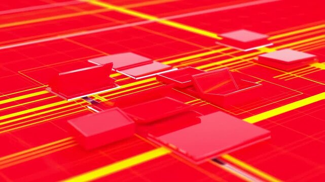 Red digital circuit board with rectangular components sliding and shifting across a glowing grid background. Layered red and yellow tones enhance movement and depth.