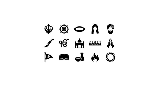 Sikhism Icons Set: Khanda, Kirpan, Guru Granth Sahib, Gurdwara, Religious Symbols Vector