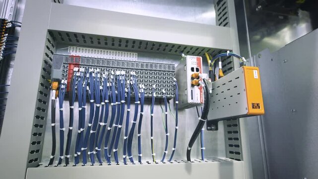 neutral side view of server rack in data center with metallic and plastic components and cables visible, gray and blue tones, commercial and natural lighting, clean background.