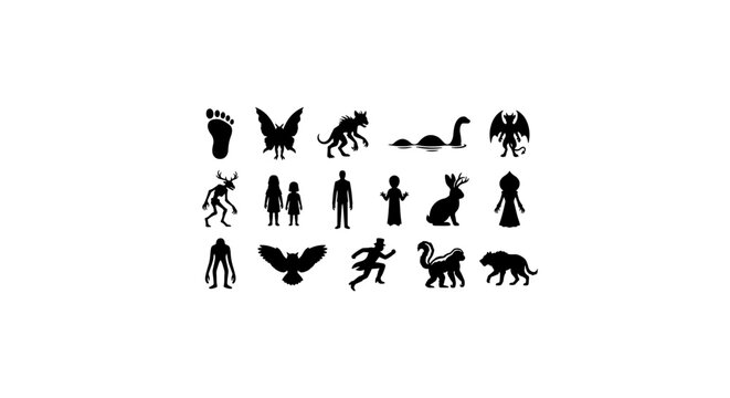 Cryptid Icons Set, Mythical Creatures Silhouettes, Folklore Legends Vector Graphics, Mysterious Beings Collection