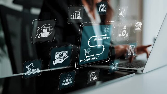 Modern Digital Procurement Management Concept with Virtual Icons and Professional Workspace Environment Sigmoid
