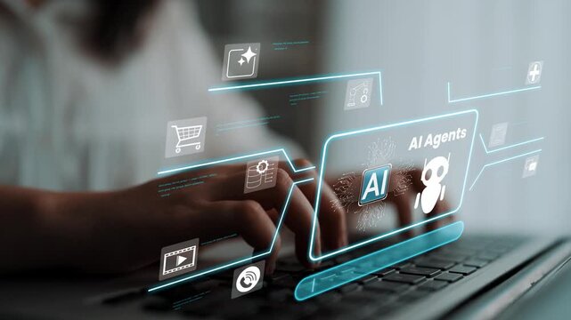 Hands typing on a laptop keyboard with futuristic AI agent interface displaying icons and data visualizations concept of technology and digital innovation Gluon.
