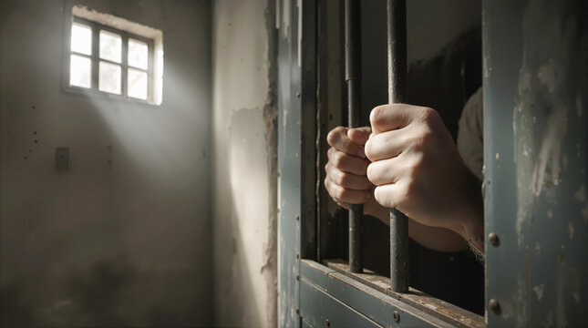 Close-Up of Male Inmate's Hands Gripping Dark Prison Cell Bars with Sunlight Beam Streaming Through Barred Window - Freedom and Incarceration Concept