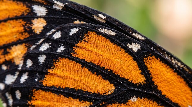Macro detail of orange and black monarch butterfly wing scales