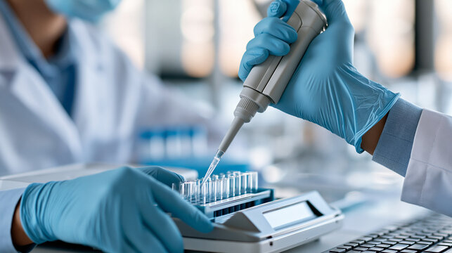 Medical research faceless scientist hands pipetting into microplate reader in clean white lab, defocused precision liquid dispensing, analytical equipment operation, with copy